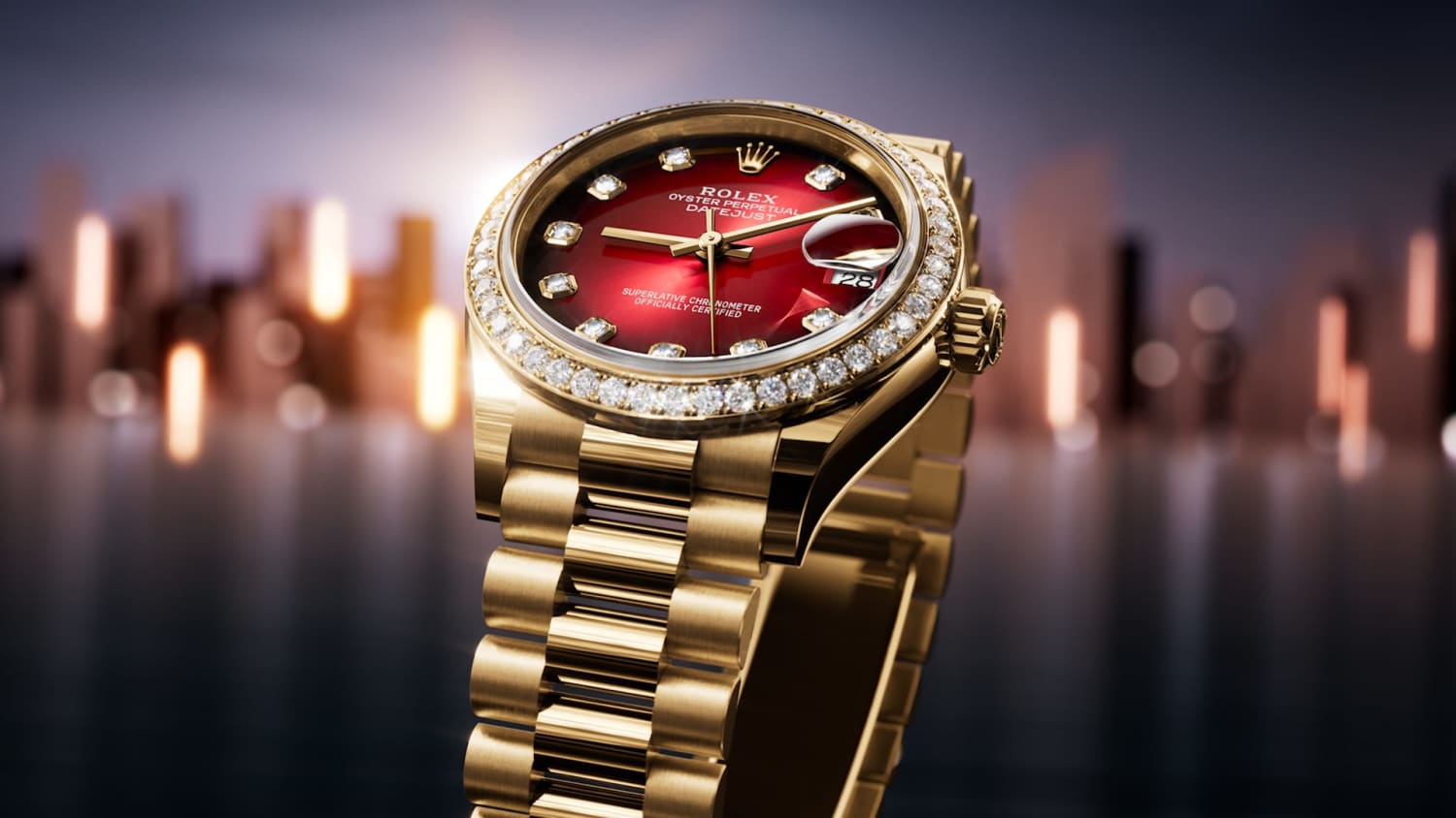 Close-up of a luxury watch face, highlighting the metallic hour hand against a textured blue background and part of the watch's bezel, which has engravings.
