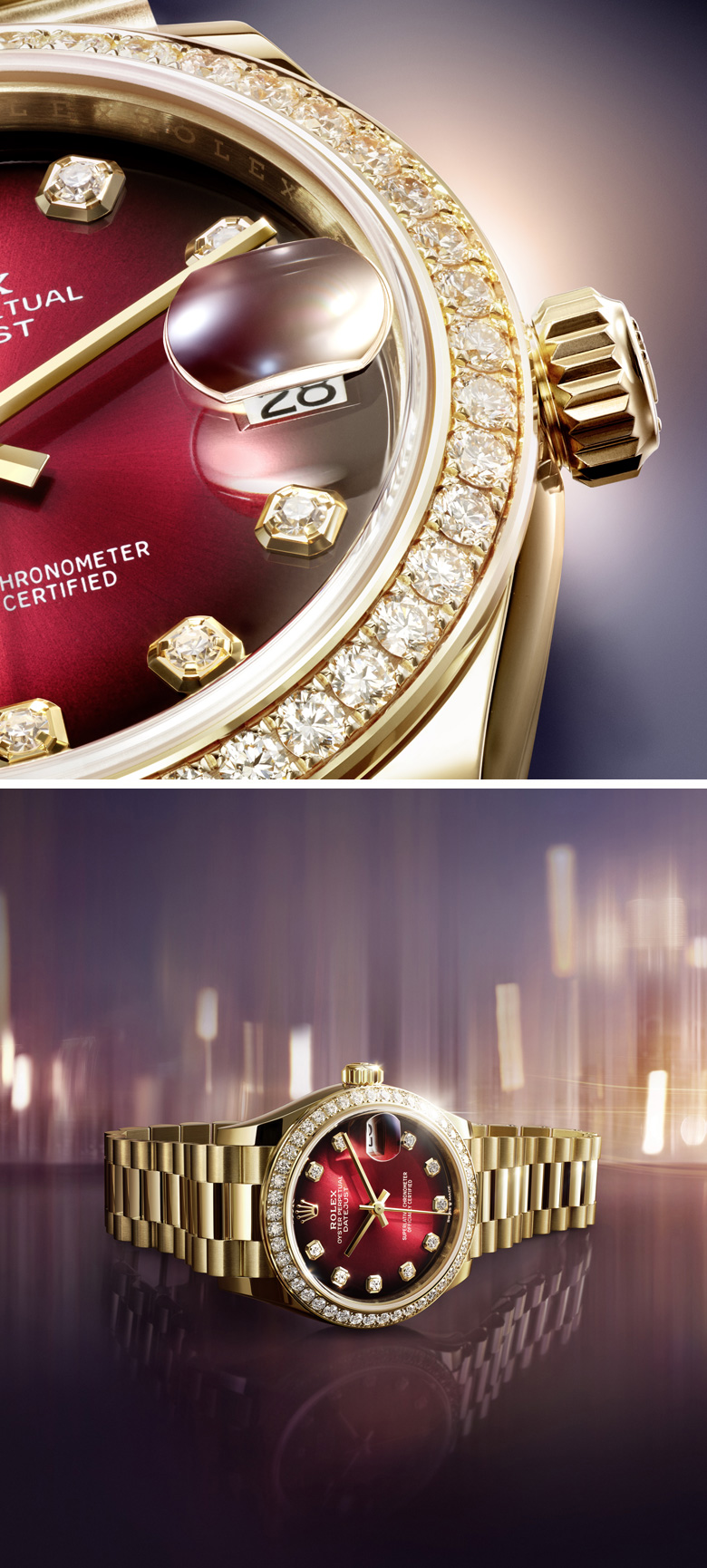 Close-up of a luxury watch with rose gold and diamond details, and a full view of the same watch showcasing a silver and rose gold metal band and a fluted bezel.