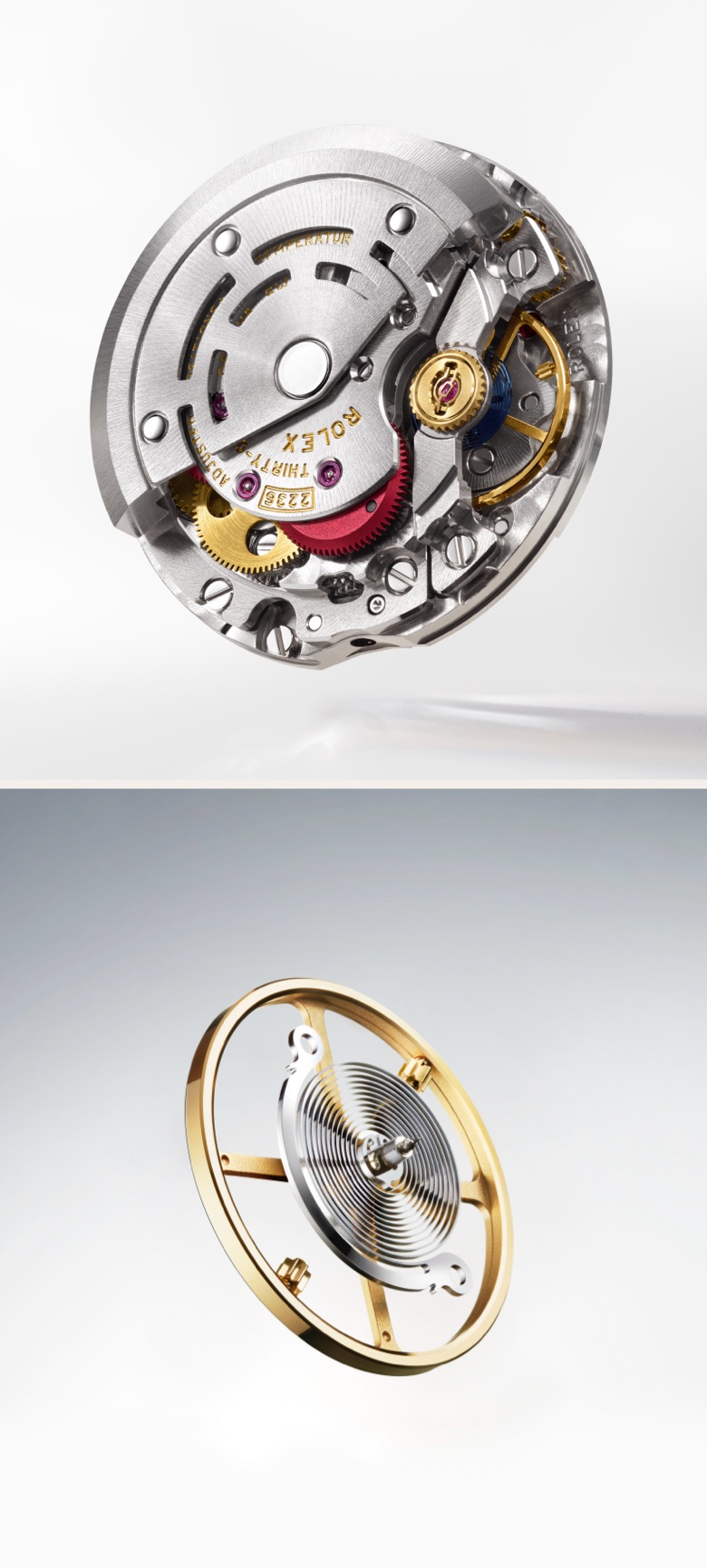 Close-up of two mechanical watch components, including a detailed view of a watch movement with visible gears, and a separate view of a balance wheel with a coiled hairspring.