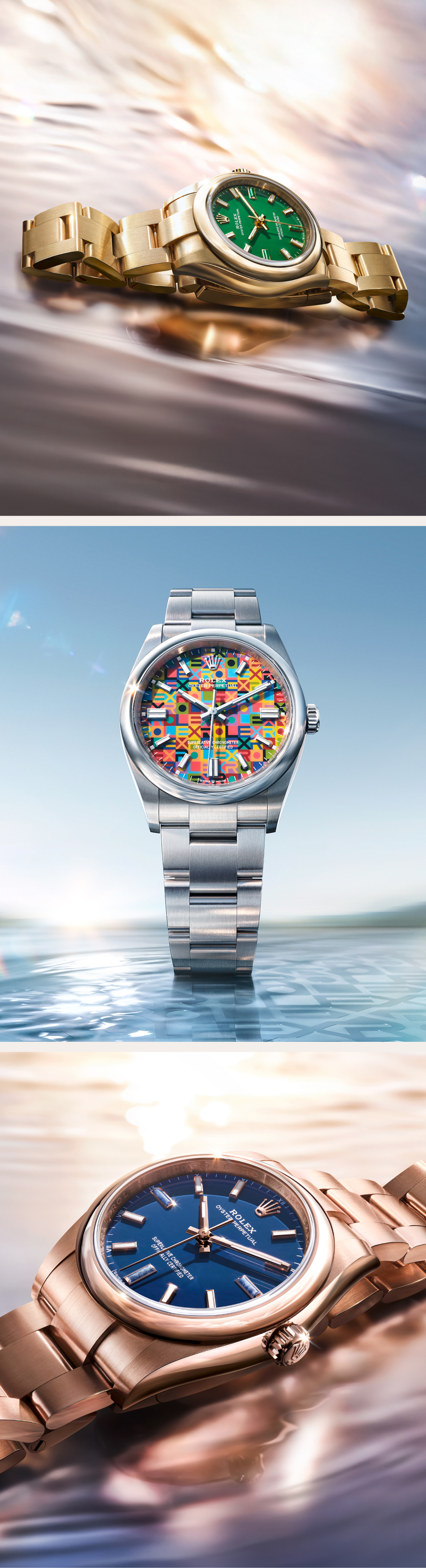 Two Rolex Oyster Perpetual watches, one with a turquoise dial in a close-up view and the other with a green dial against a green background.