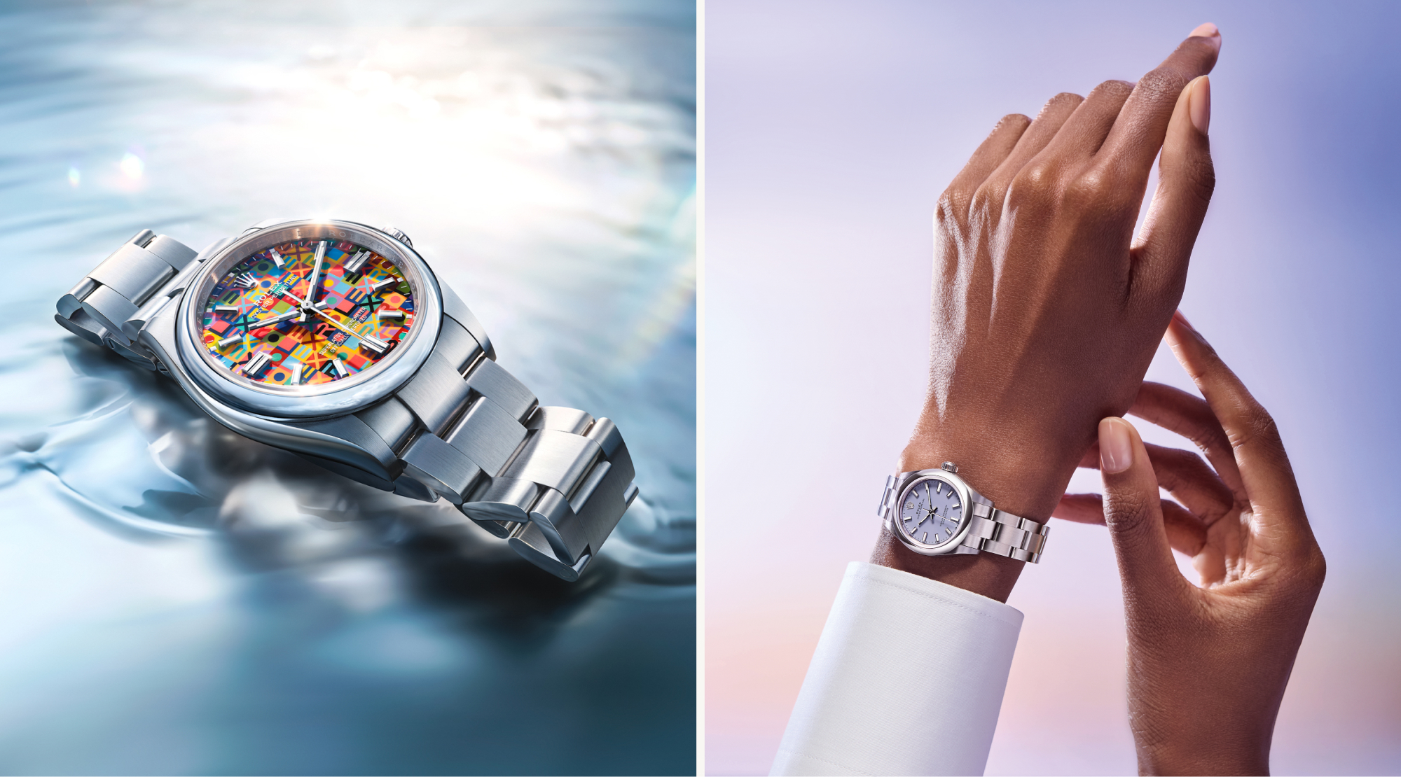 Two Rolex Oyster Perpetual watches are shown; the left has a turquoise dial, and the right has a green dial. Both have stainless steel bands and the Rolex logo beneath the 12 o'clock position.